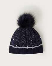 Rosie Scallop Pom-Pom Beanie Hat, Blue (NAVY), large