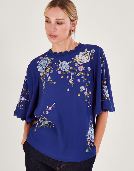 Olla Embroidered Floral Kimono Top, Blue (BLUE), large