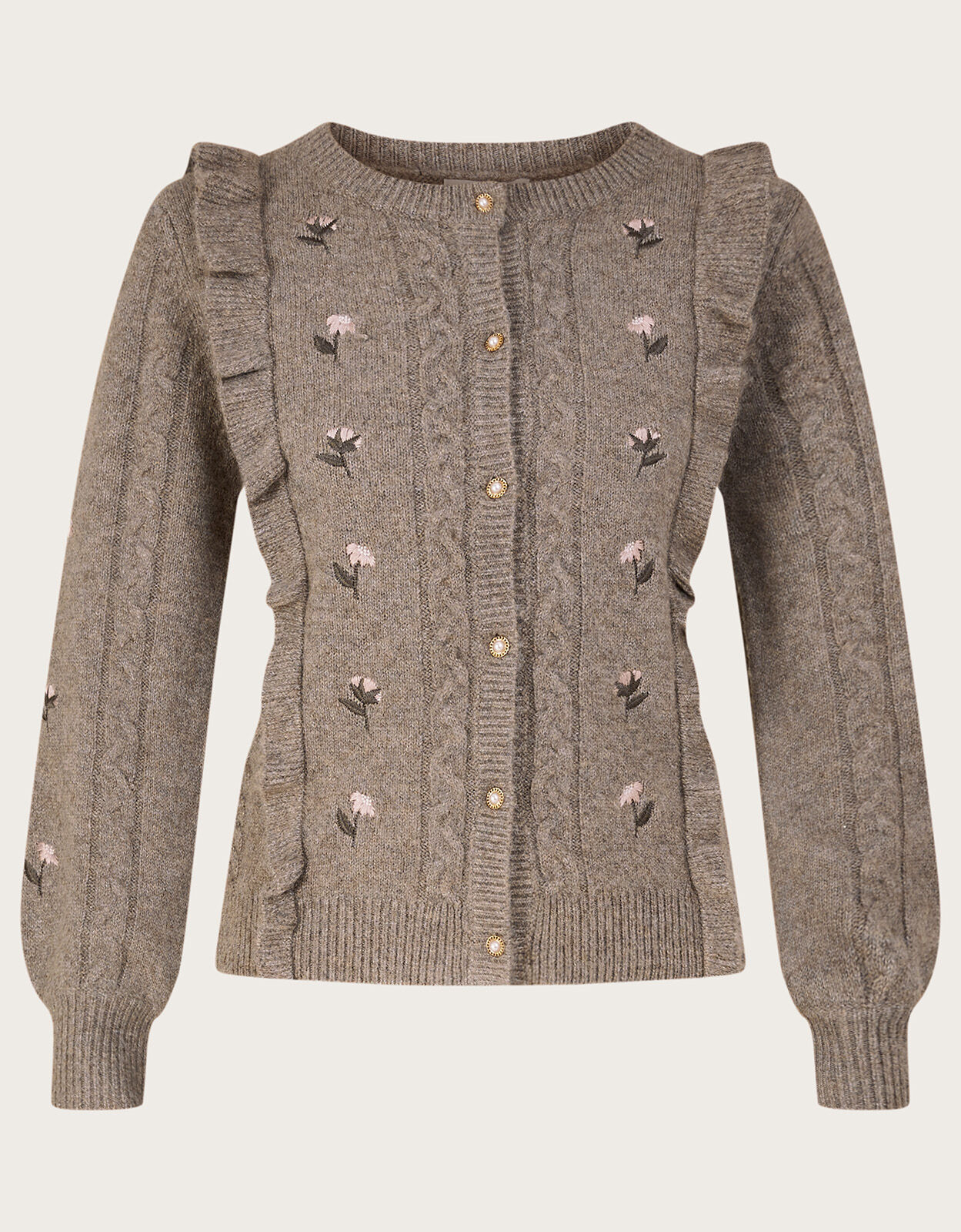 Embroidered Ruffle Cardigan with Recycled Polyester Camel