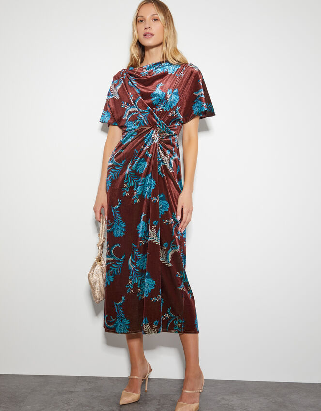 Sassa Floral Velvet Cowl Midi Dress, Brown (BROWN), large