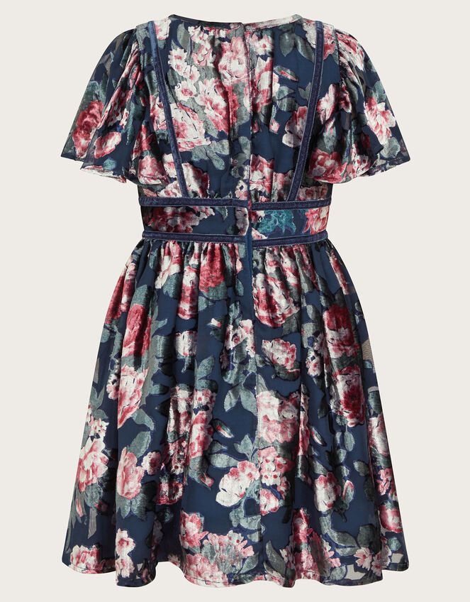 Flutter Sleeve Devore Floral Dress, Blue (NAVY), large