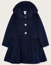 Pocket Detail Pleated Hooded Coat, Blue (NAVY), large