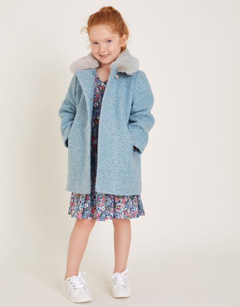 Faux Fur Collar Boucle Coat, Blue (PALE BLUE), large