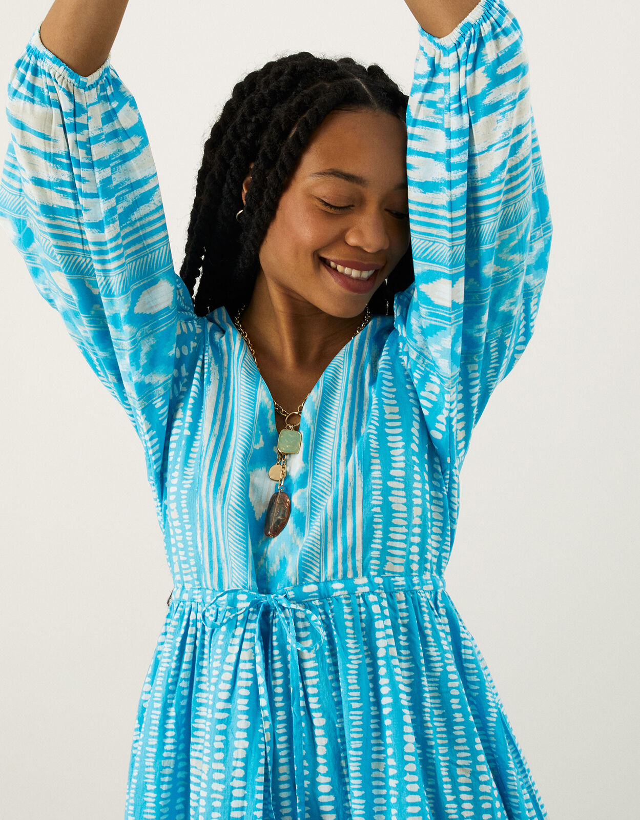 Ikat Spot Print Smock Dress in Sustainable Cotton Blue