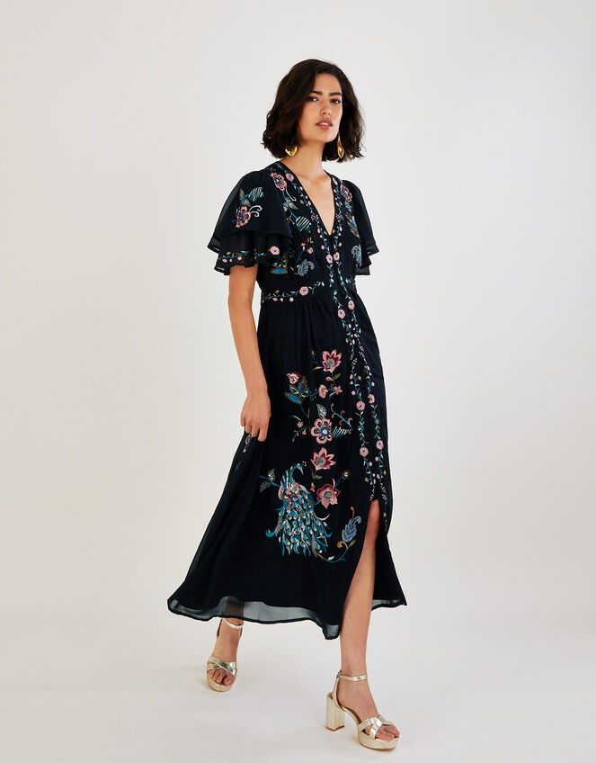 Triss Embroidered Peacock Dress in Recycled Polyester Black