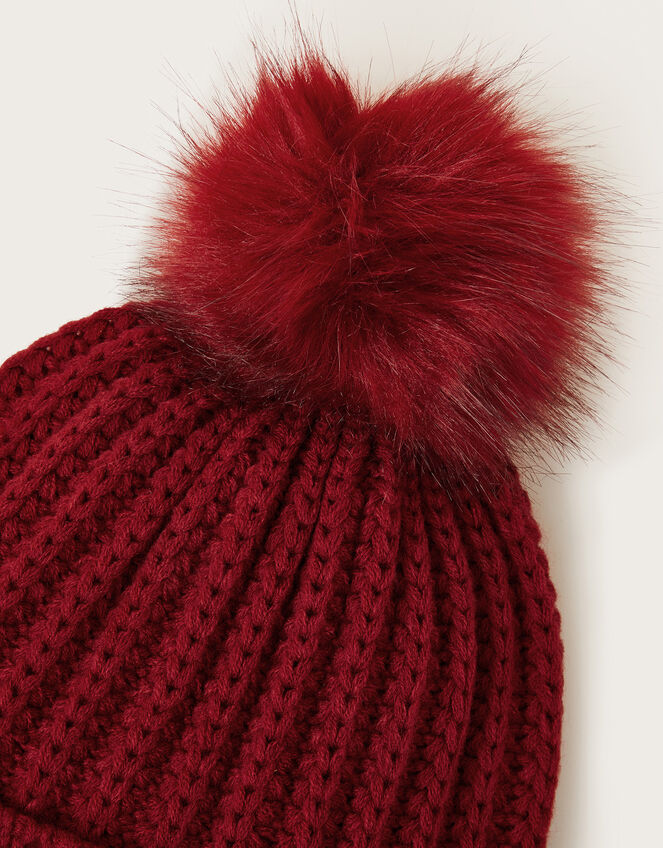 Lilia Ribbed Faux Fur Bobble Hat, Red (BURGUNDY), large