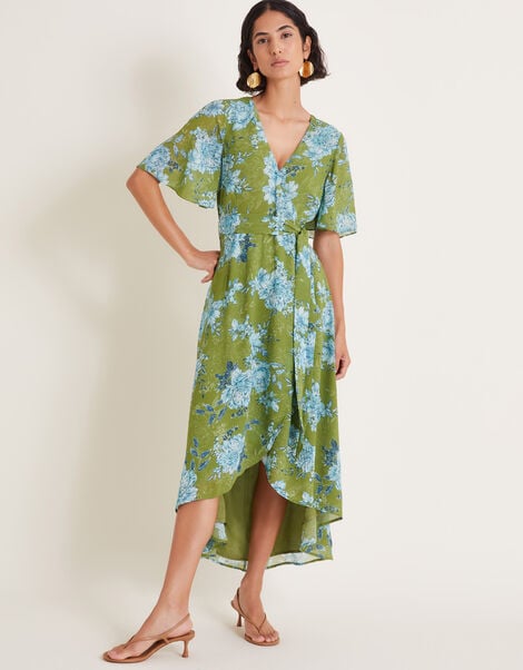 Eva Floral Wrap Midi Dress, Green (GREEN), large