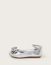 Pleated Bow Ballet Flats, Silver (SILVER), large