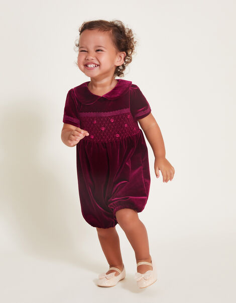 Baby Smocked Velour Romper, Red (BURGUNDY), large