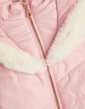 Faux Fur Trim Hooded Puffer Coat, Pink (PINK), large