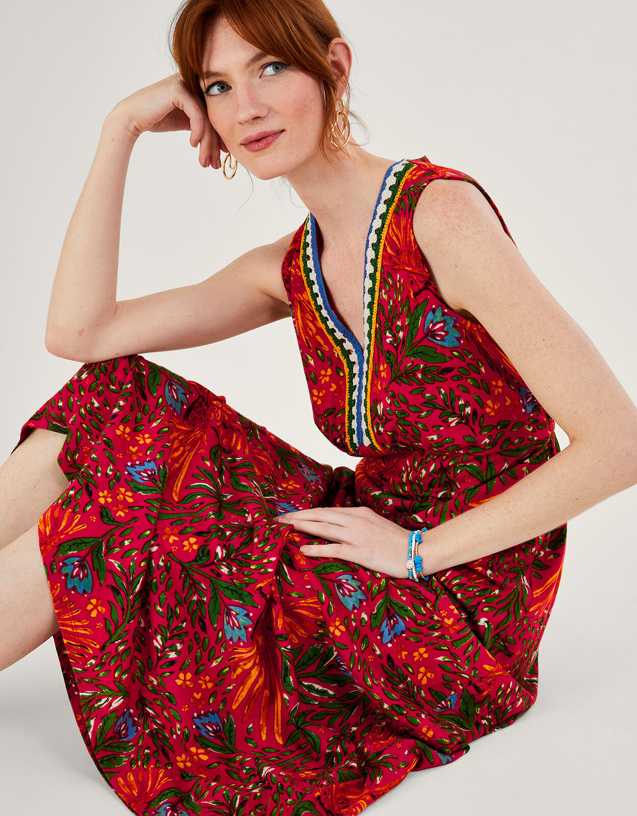Leaf Print Crochet Trim Dress in Linen Blend Red | Midi Dresses ...