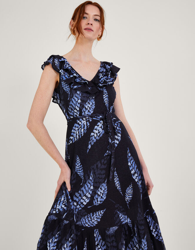 Palm Print Frill Jersey Dress in Recycled Polyester , Blue (NAVY), large