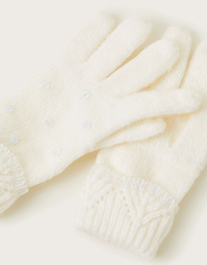 Lizzie Sequin Knit Gloves, Ivory (IVORY), large