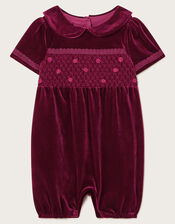 Baby Smocked Velour Romper, Red (BURGUNDY), large