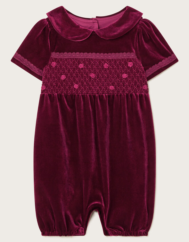 Baby Smocked Velour Romper, Red (BURGUNDY), large