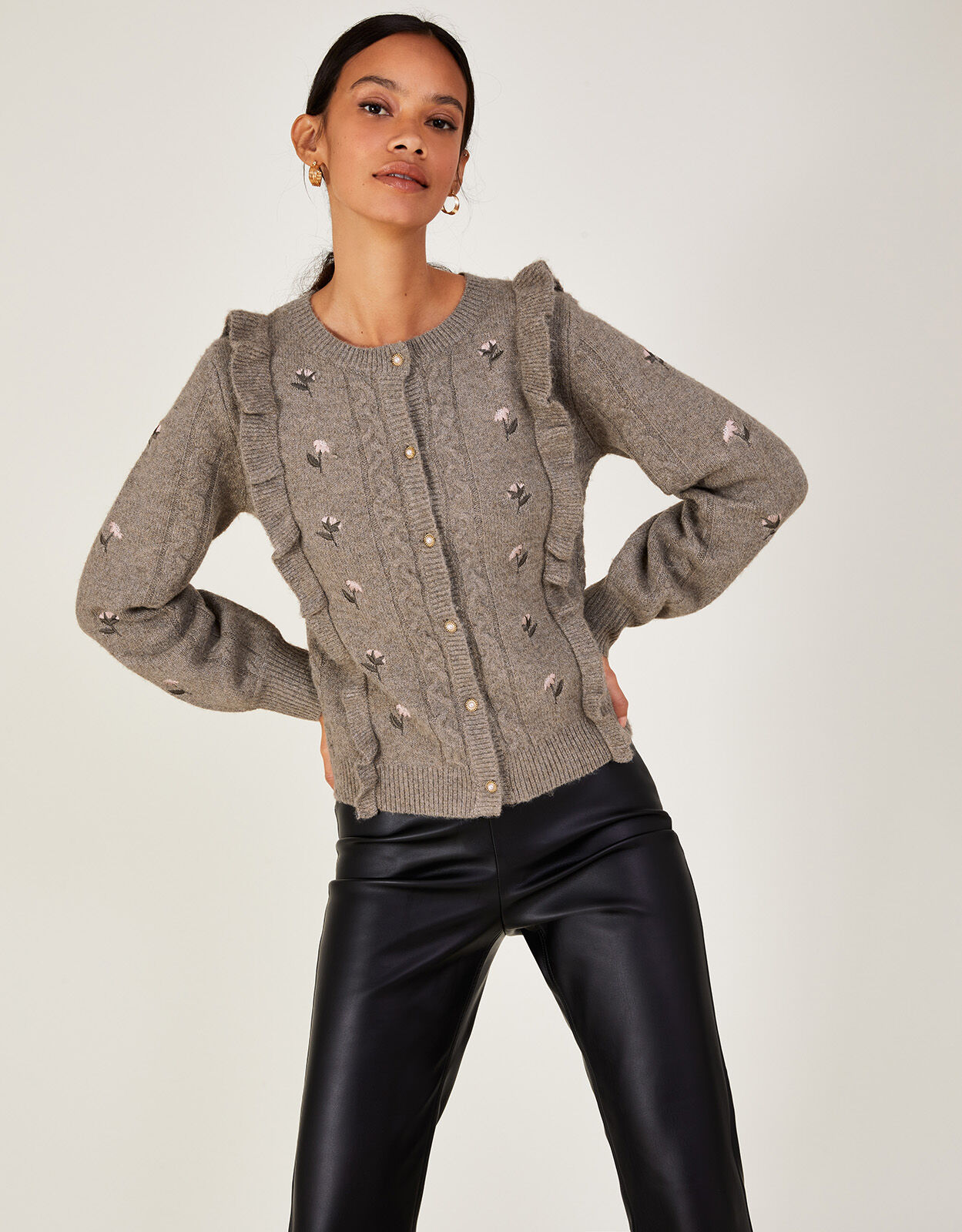Embroidered Ruffle Cardigan with Recycled Polyester Camel