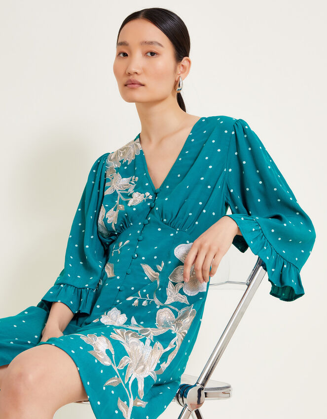 Clea Spot Print Embroidered Dress, Teal (TEAL), large