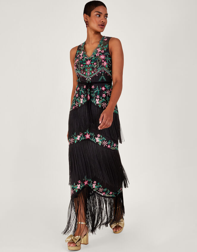 Freja Floral Fringe Dress, Black (BLACK), large