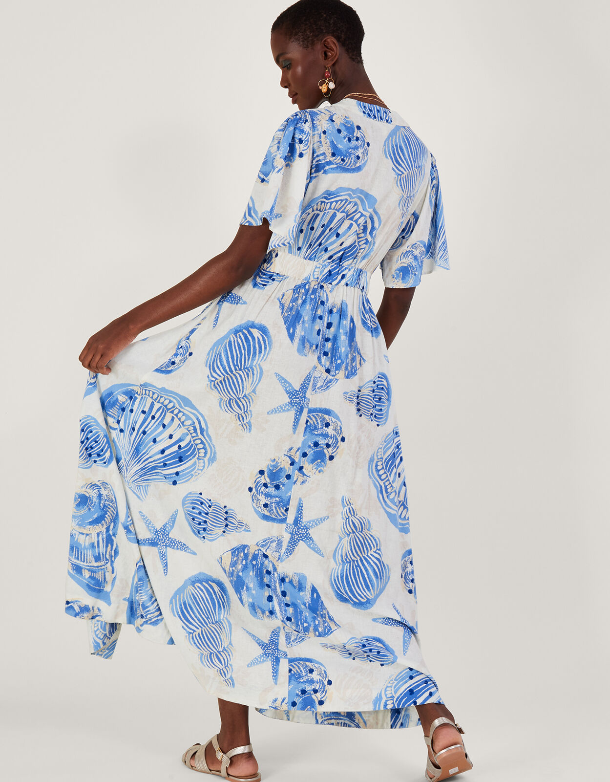 Shell Print Maxi Kaftan Dress in Linen Blend Ivory
