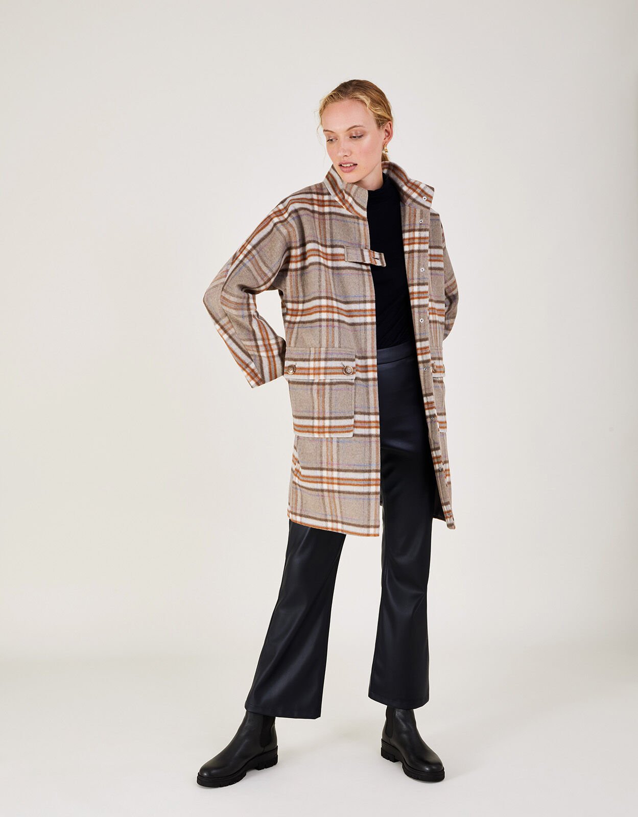 Charlee Checked Poncho Coat with Recycled Polyester Camel