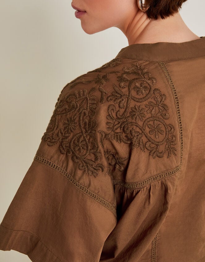 Aerin Embroidered Short Sleeve Blouse, Brown (BROWN), large