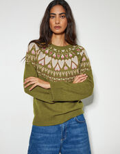 Paula Heart Fair Isle Knit Jumper, Green (OLIVE), large