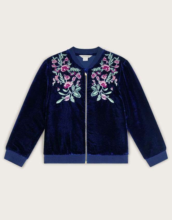 Embroidered Velvet Bomber Jacket, Blue (NAVY), large