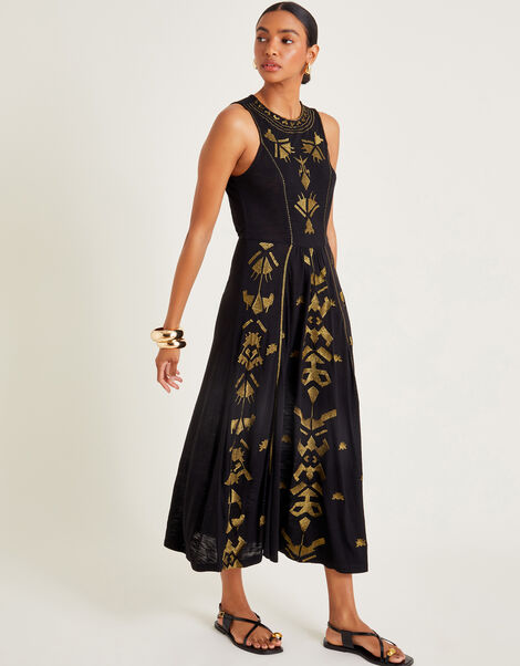 Mimi Metallic Embroidered Midi Dress, Black (BLACK), large
