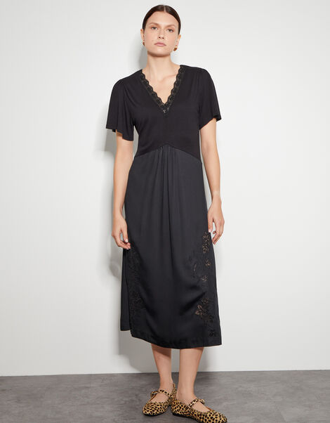Wren Lacy Jersey Mix Midi Dress, Black (BLACK), large