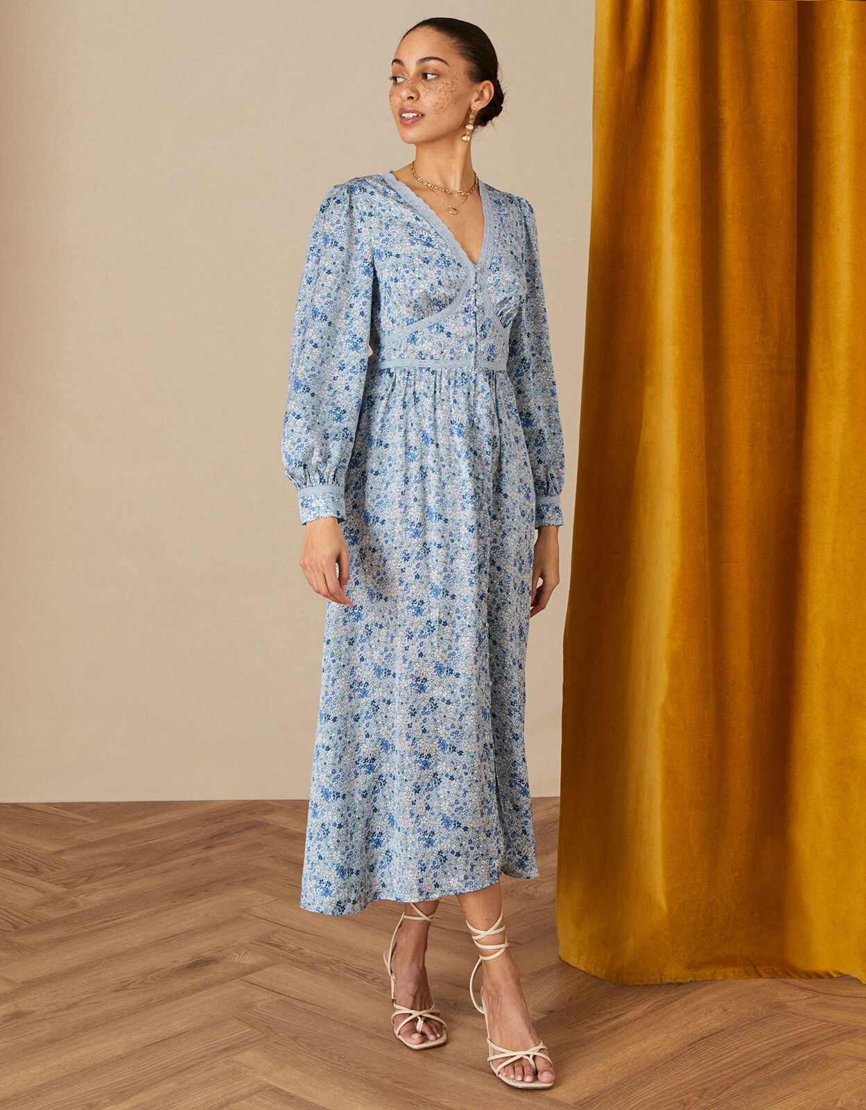 Ditsy Tea Dress in Recycled Polyester Blue