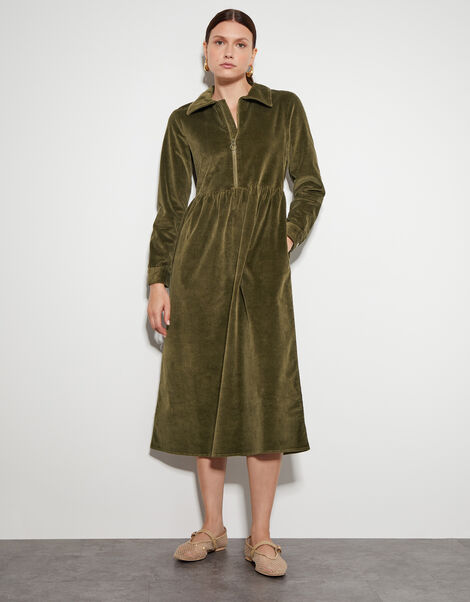 Alana Cord Zip Midi Dress, Green (OLIVE), large