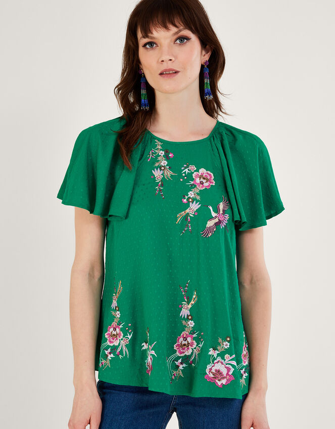 Jenny Embellished Flutter Sleeve T-Shirt Green | Tops & T-shirts ...
