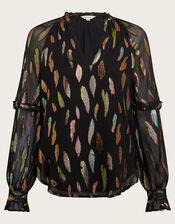 Fenna Feather Print Shirt, Black (BLACK), large