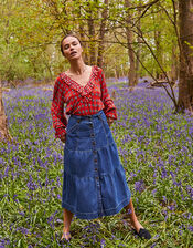 Tiered Denim Midi Skirt, Blue (DENIM BLUE), large