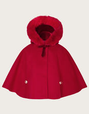 Baby Faux Fur Hooded Cape Coat, Red (RED), large