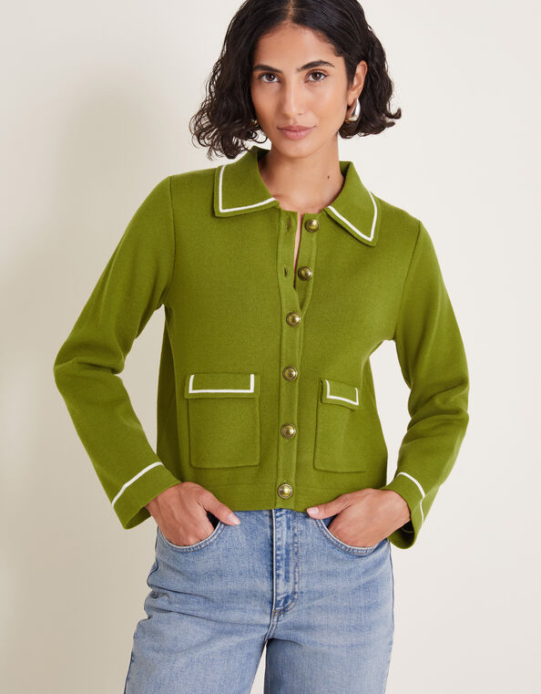 Nicki Collar Knit Jacket, Green (OLIVE), large