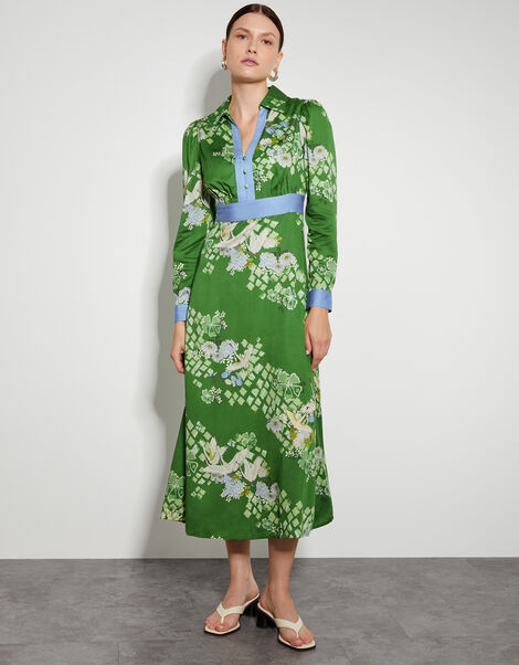 Jennifer Long Sleeve Floral Print Midi Dress, Green (GREEN), large