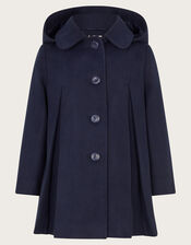 Hooded Round Collar Coat, Blue (NAVY), large