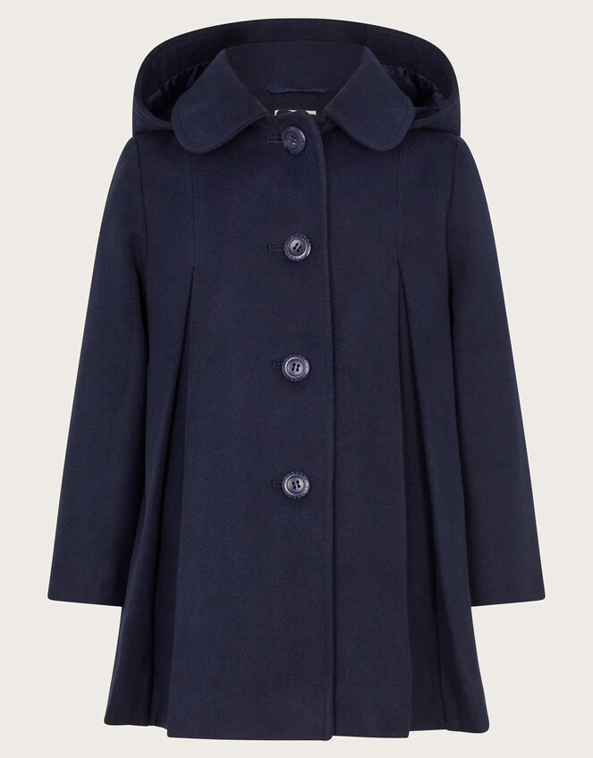 Hooded Round Collar Coat, Blue (NAVY), large