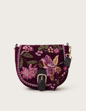 Freya Embroidered Velvet Saddle Bag, Red (BURGUNDY), large