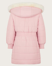 Faux Fur Trim Hooded Puffer Coat, Pink (PINK), large