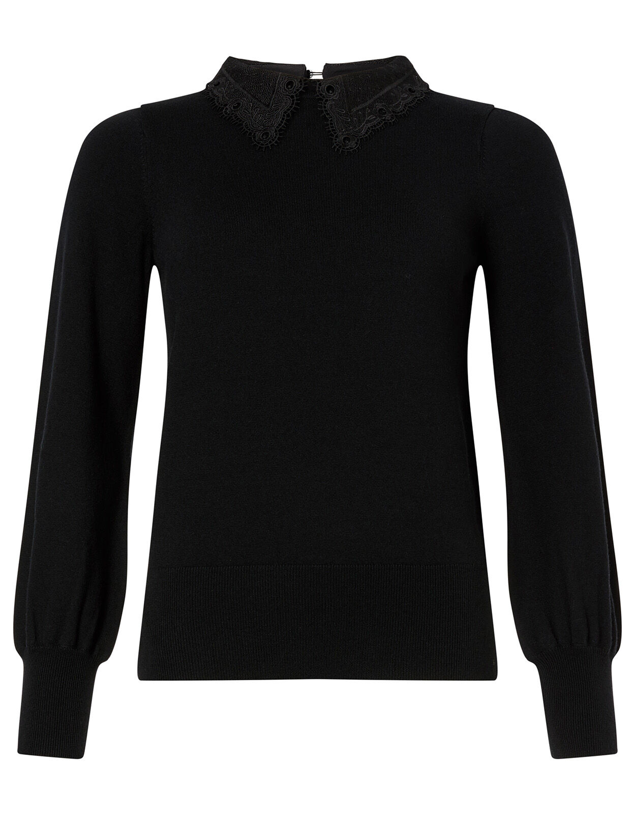 black jumper with white collar