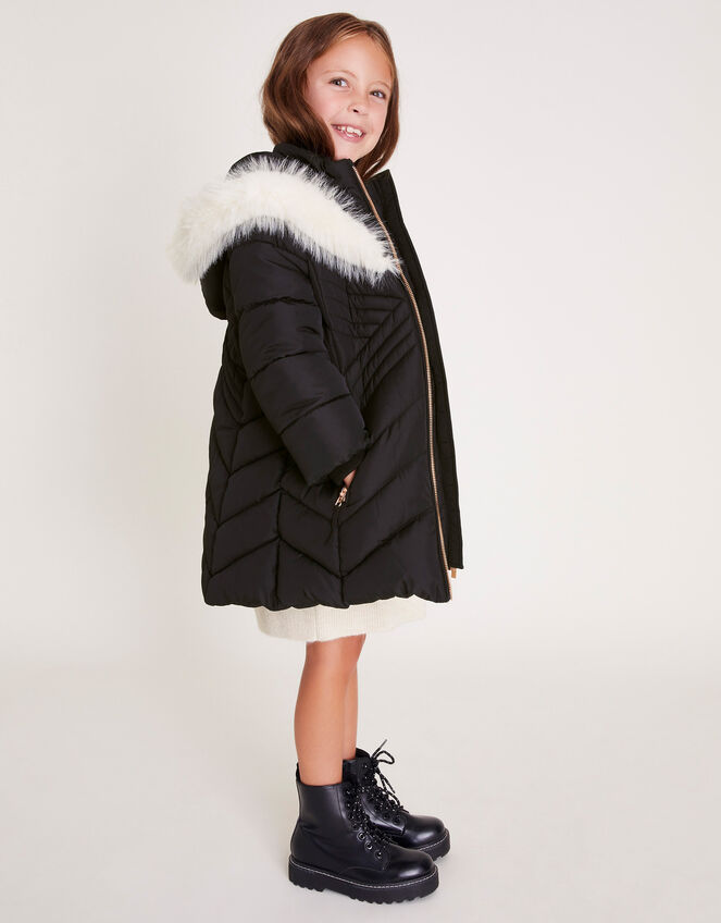 Faux Fur Trim Chevron Puffer Coat, Black (BLACK), large