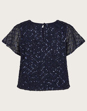 Flutter Sleeve Sequin top, Blue (NAVY), large