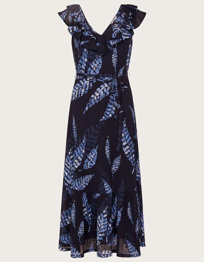 Palm Print Frill Jersey Dress in Recycled Polyester , Blue (NAVY), large