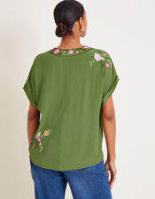 Alice Floral Embroidered V-Neck Blouse, Green (GREEN), large
