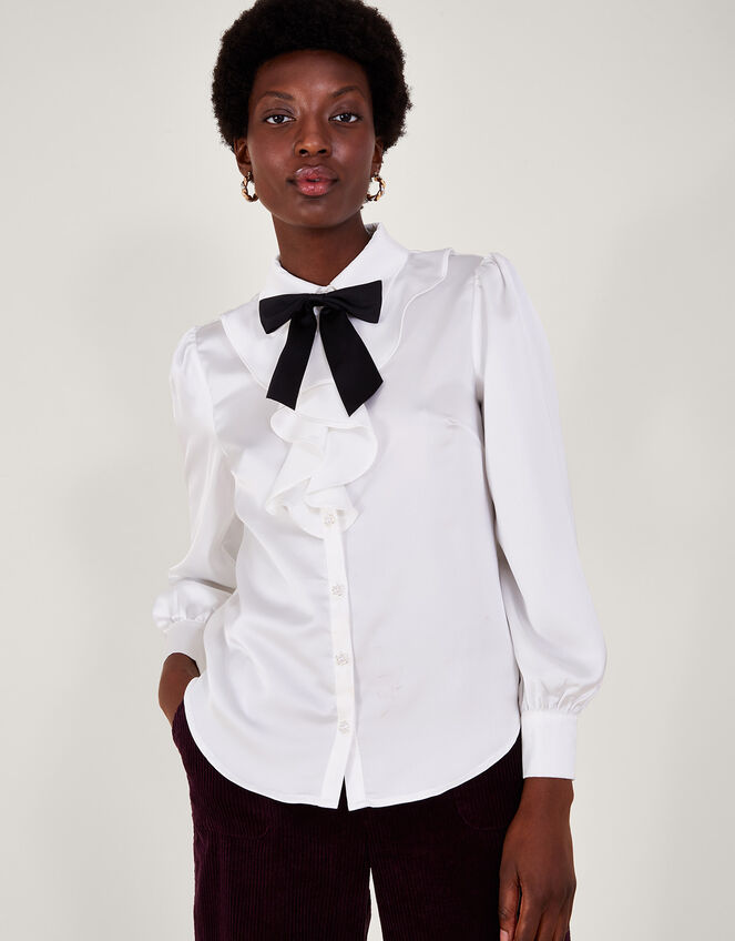 Sally Satin Frill Blouse, White (WHITE), large