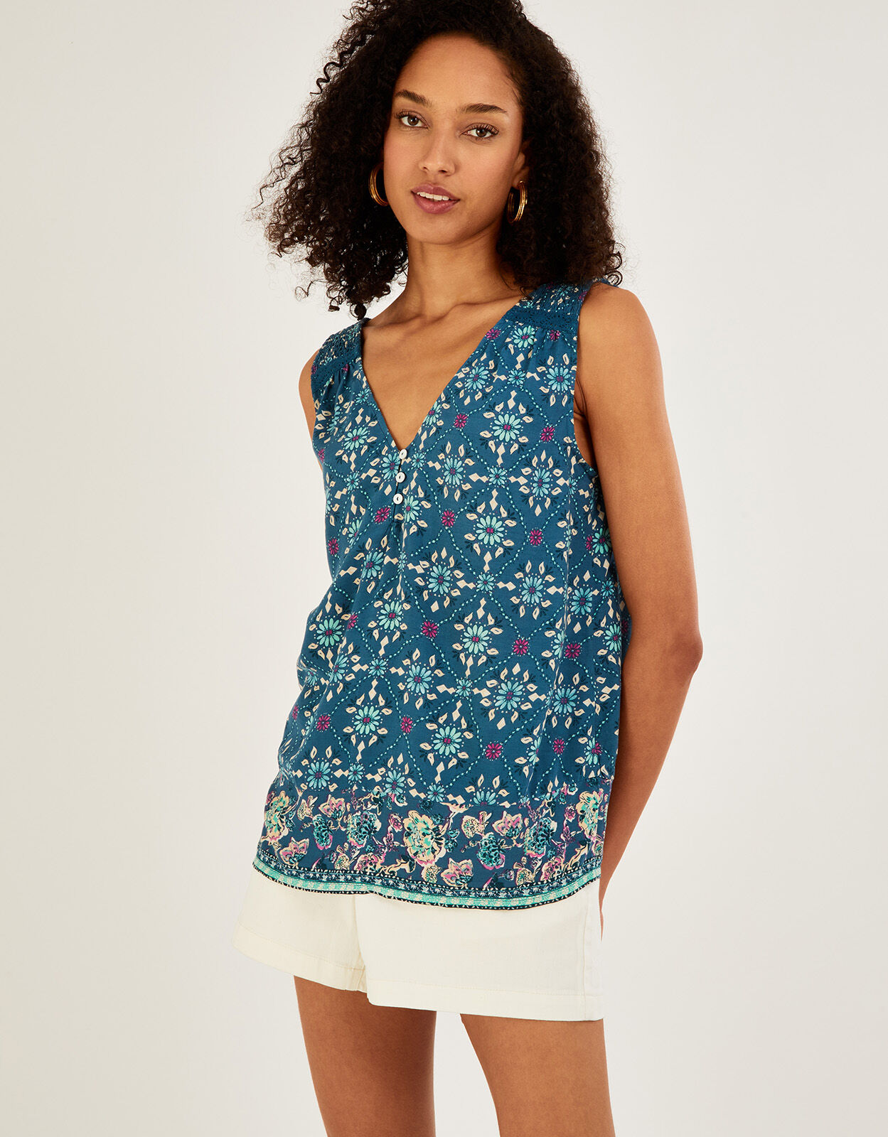 Geometric Tile Print V-Neck Cami Top Teal