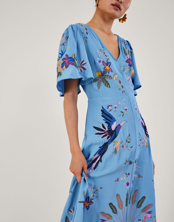 Audra Embroidered Tea Dress in Recycled Polyester , Blue (BLUE), large