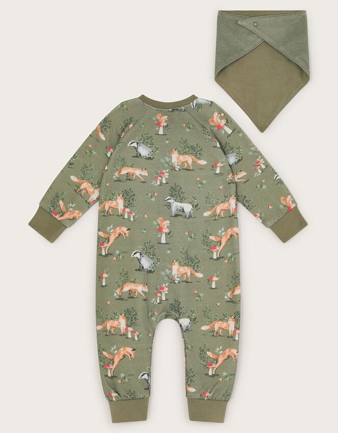 Newborn Fox Print Romper and Bib, Green (GREEN), large